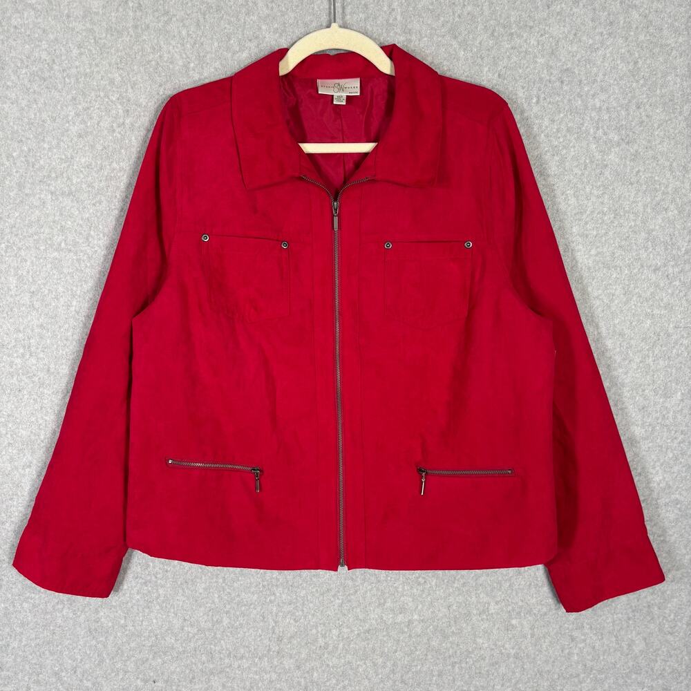 Studio Works Jacket Womens 16P Red Faux Suede Coat Blazer Zipper Classic Granny